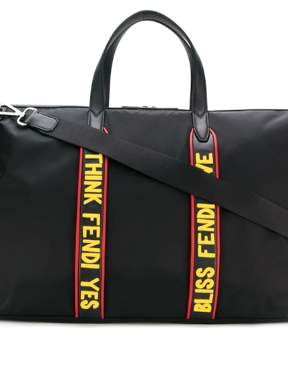 Fendi Black Duffel Bag with Yellow and Red Logo Straps